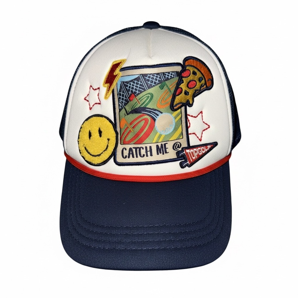 Topgolf “Catch Me @ Topgolf” Trucker Hat Snapback Adjustable Mesh Smiley Pizza